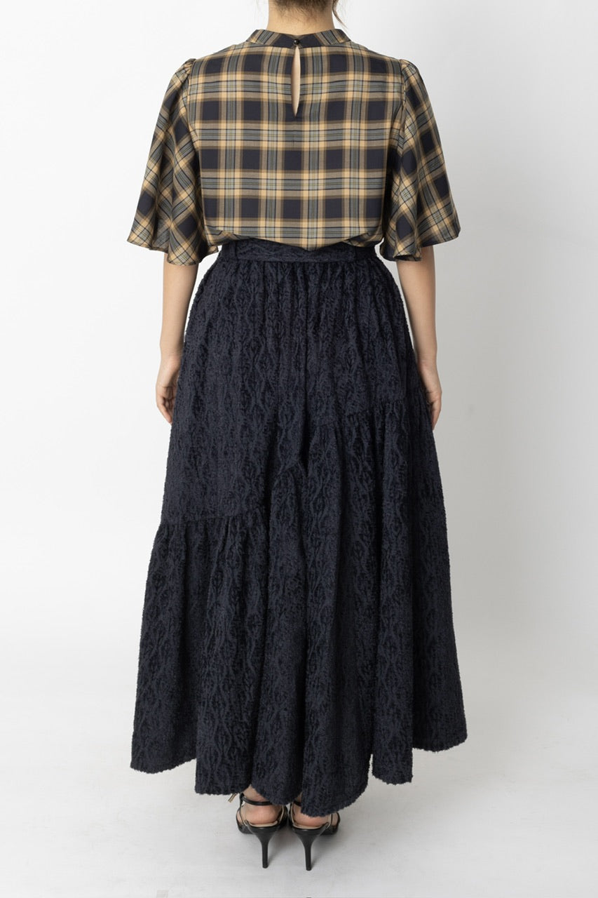 stand collar blouse / navy check