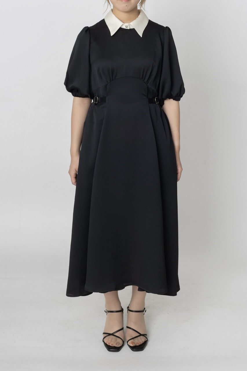 waist belt puff sleeve dress / black