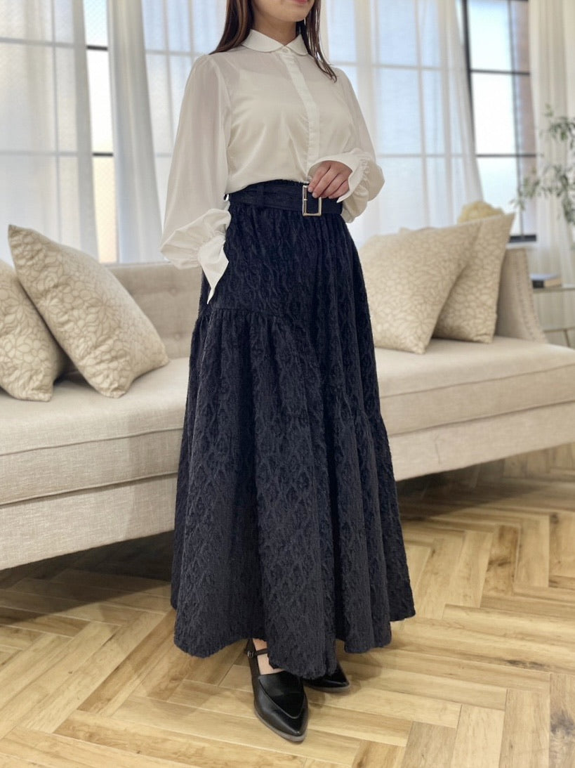 〈Mila〉shibafu jacquard gathered skirt / navy