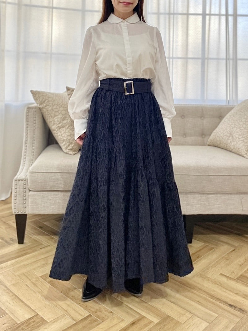 〈Mila〉shibafu jacquard gathered skirt / navy