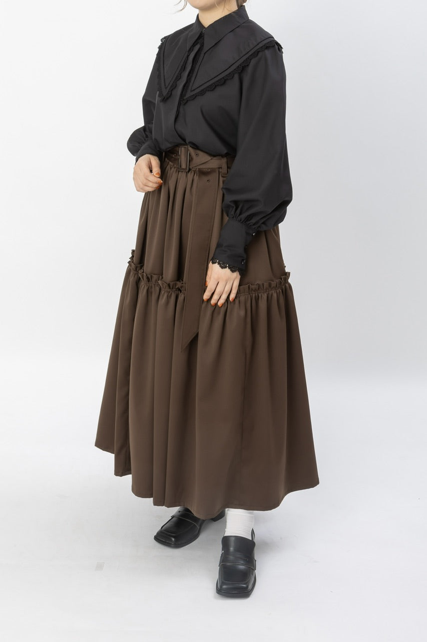 〈 Fleur 〉 gather tiered skirt / brown