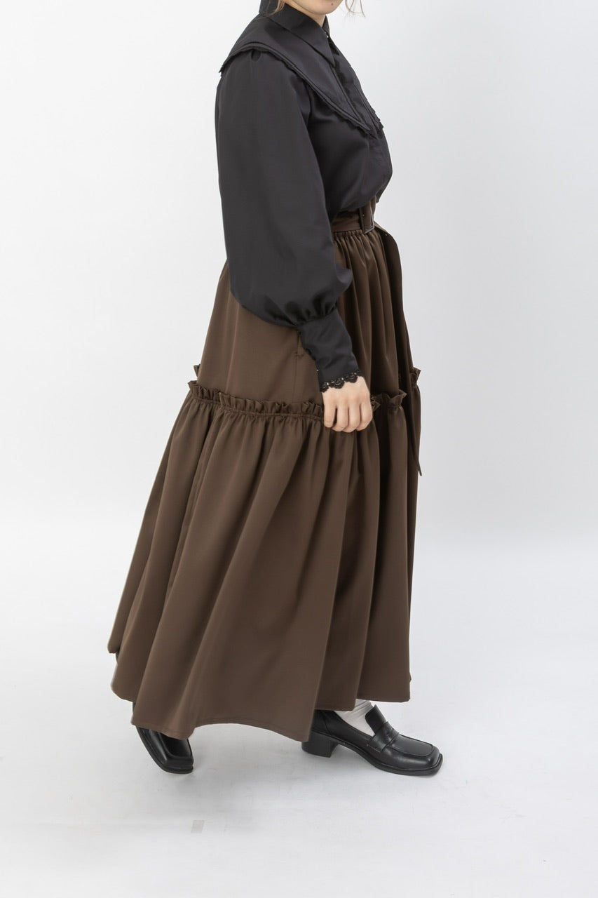 〈 Fleur 〉 gather tiered skirt / brown