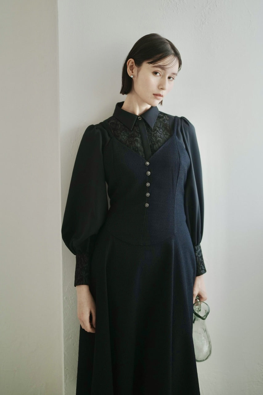 【予約商品】basque waist tweed camisole dress / navy