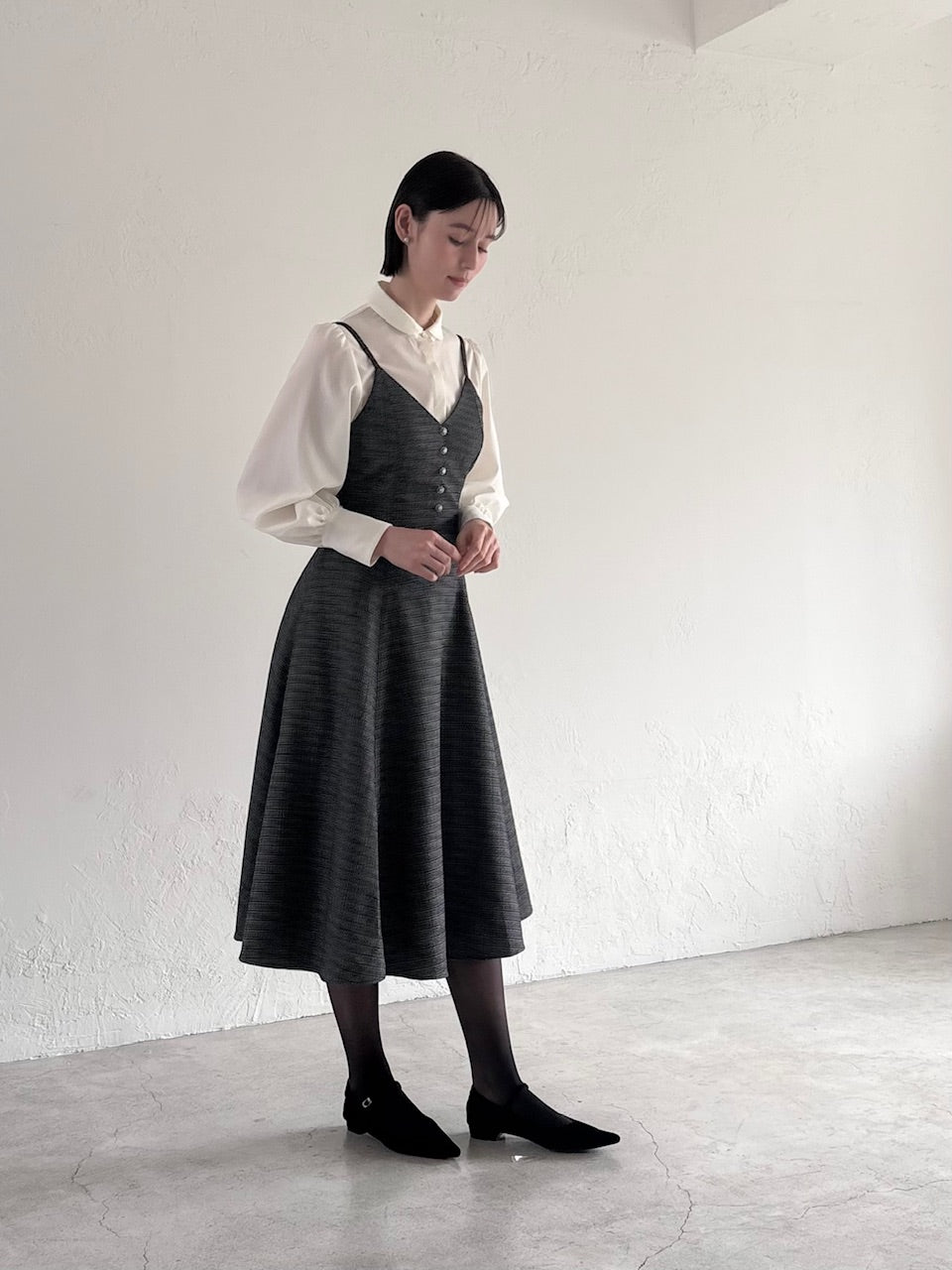 【予約商品】basque waist tweed camisole dress / black
