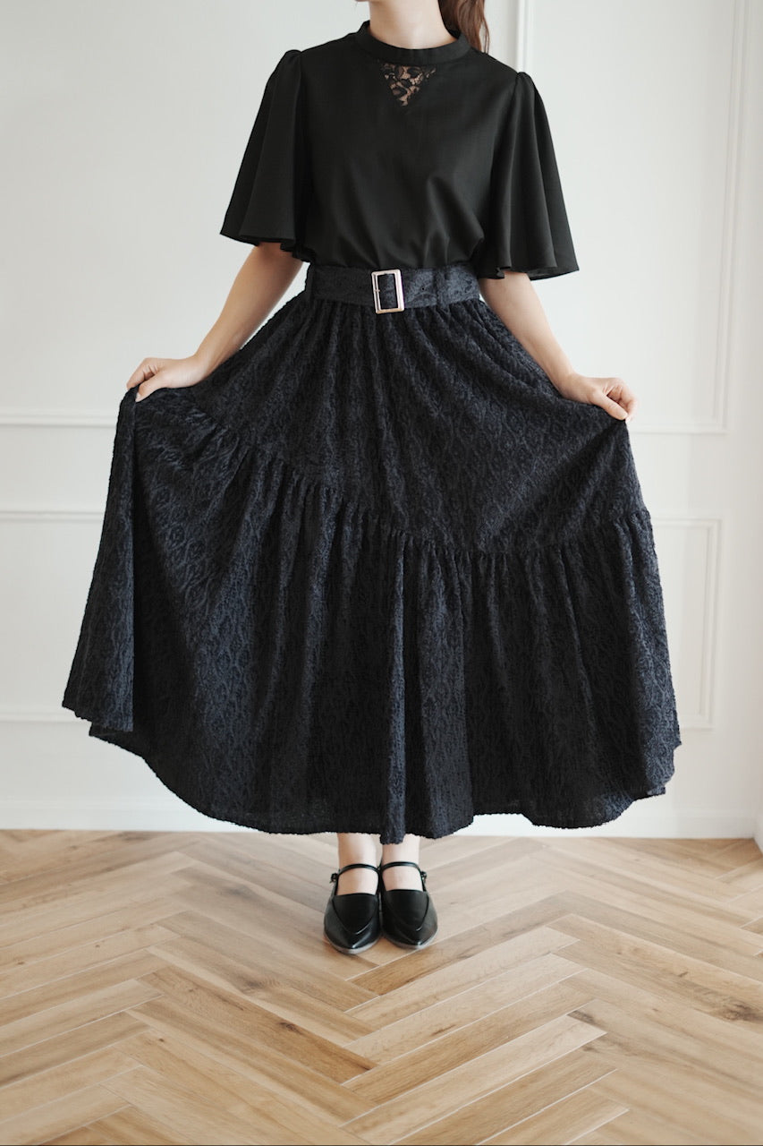 〈Mila〉shibafu jacquard gathered skirt / navy