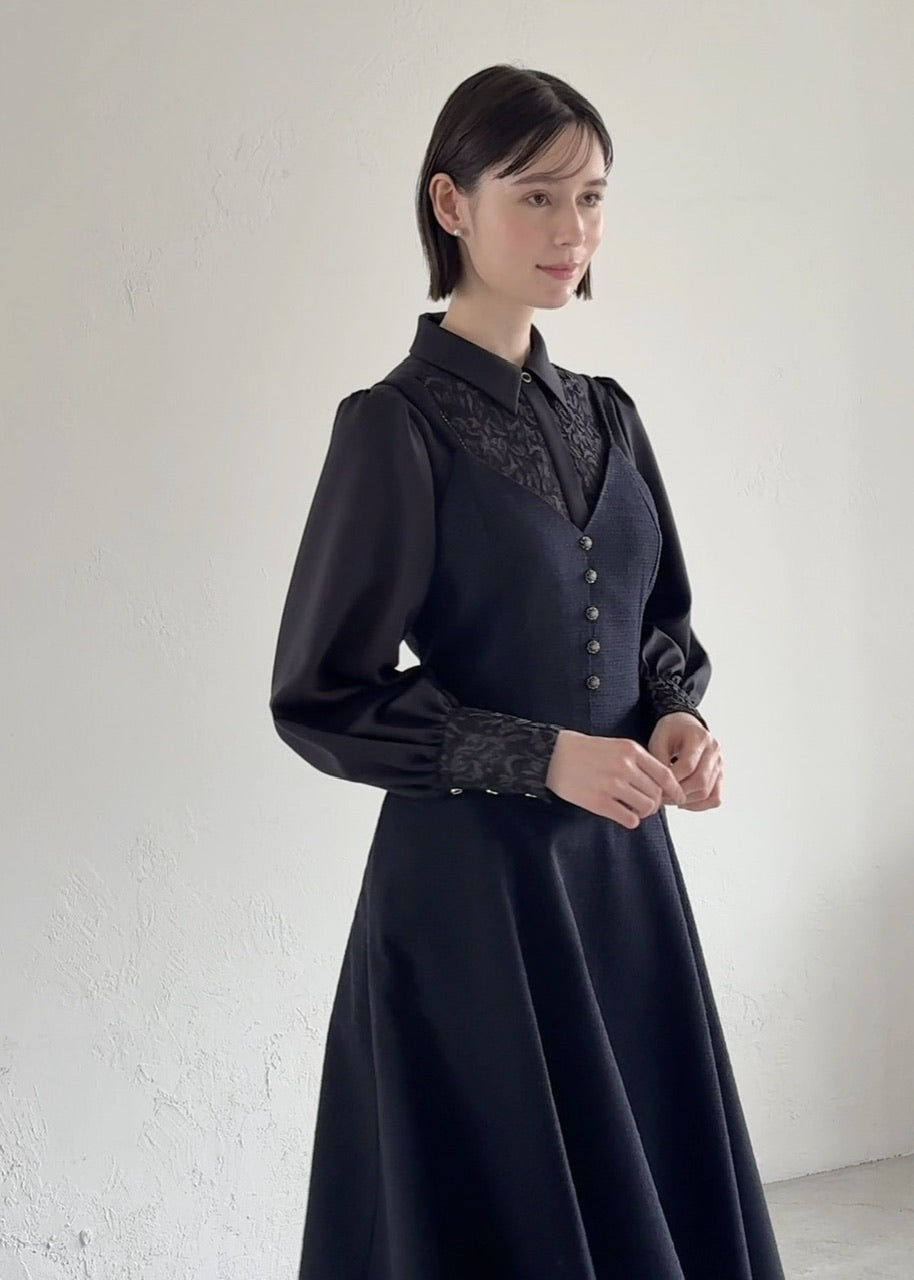 【予約商品】basque waist tweed camisole dress / navy