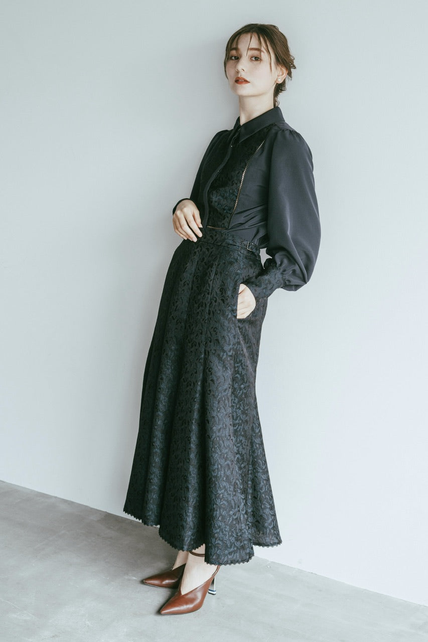botanical jacquard semi-mermaid skirt / navy
