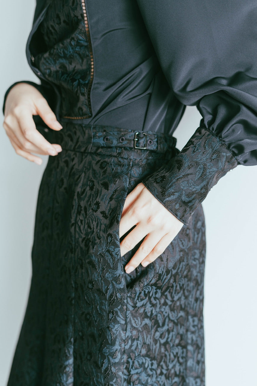 botanical jacquard semi-mermaid skirt / navy