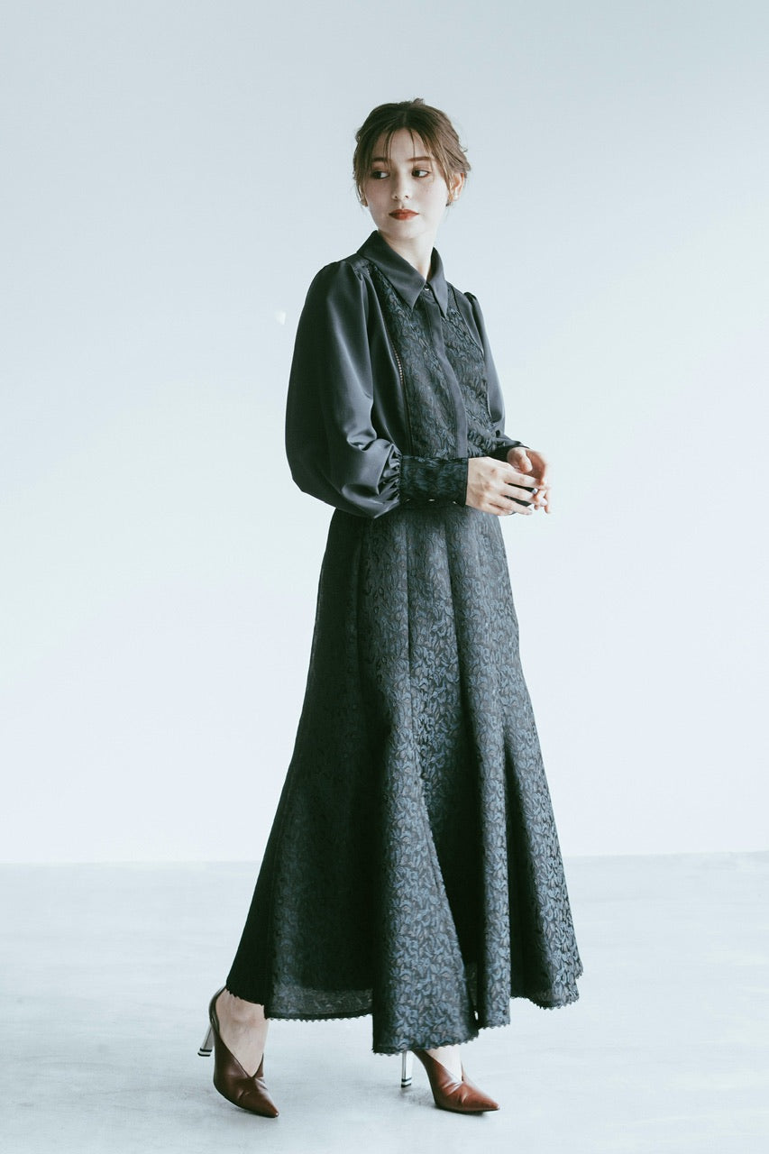 botanical jacquard semi-mermaid skirt / navy
