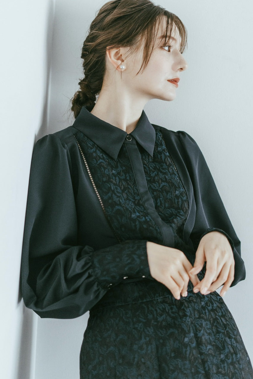 【Bluelea】Jacquard blouse Black