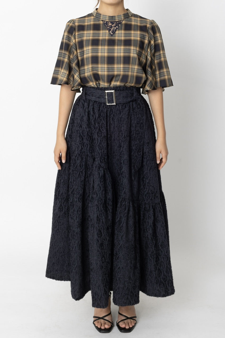 stand collar blouse / navy check