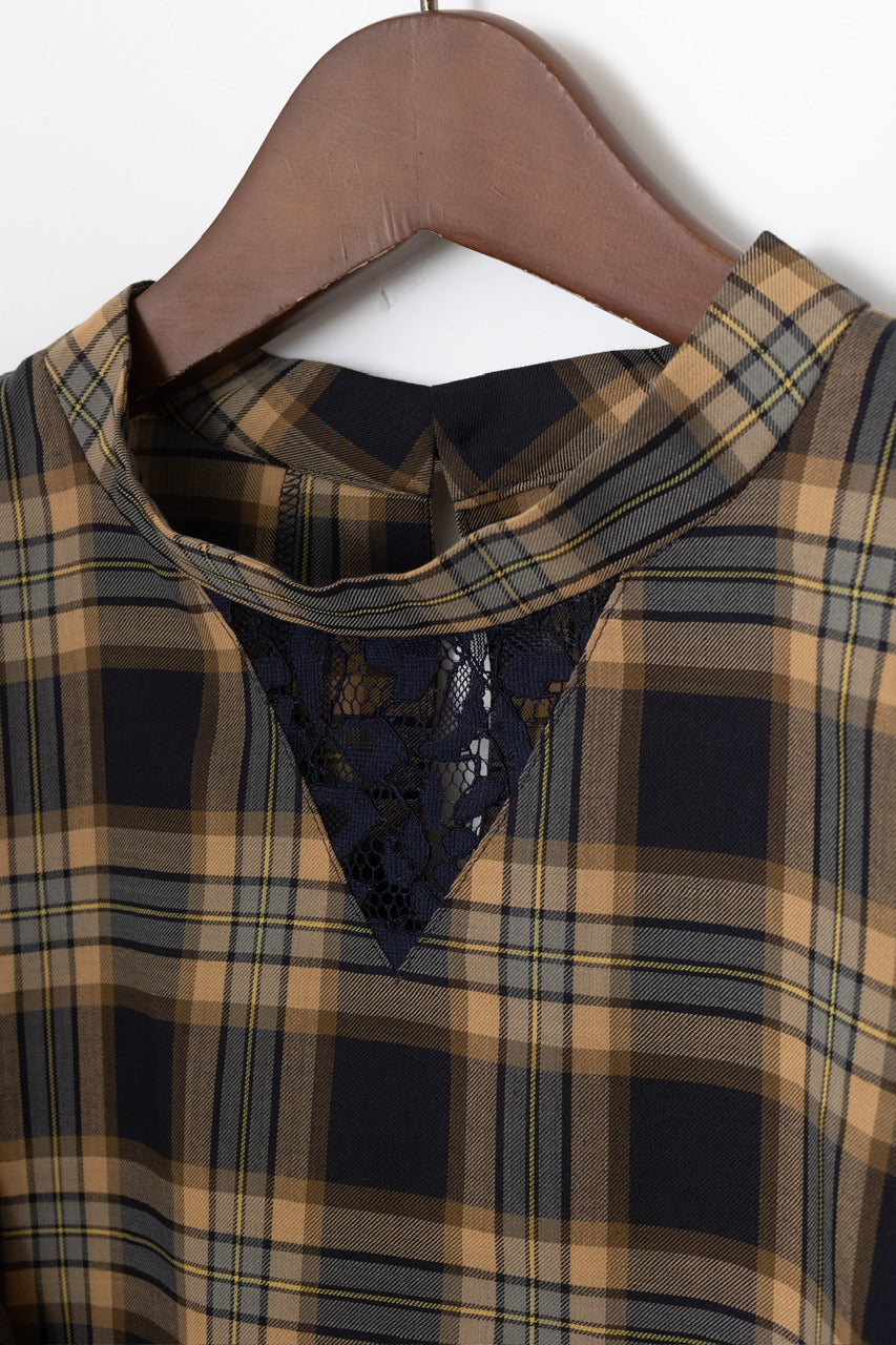 stand collar blouse / navy check