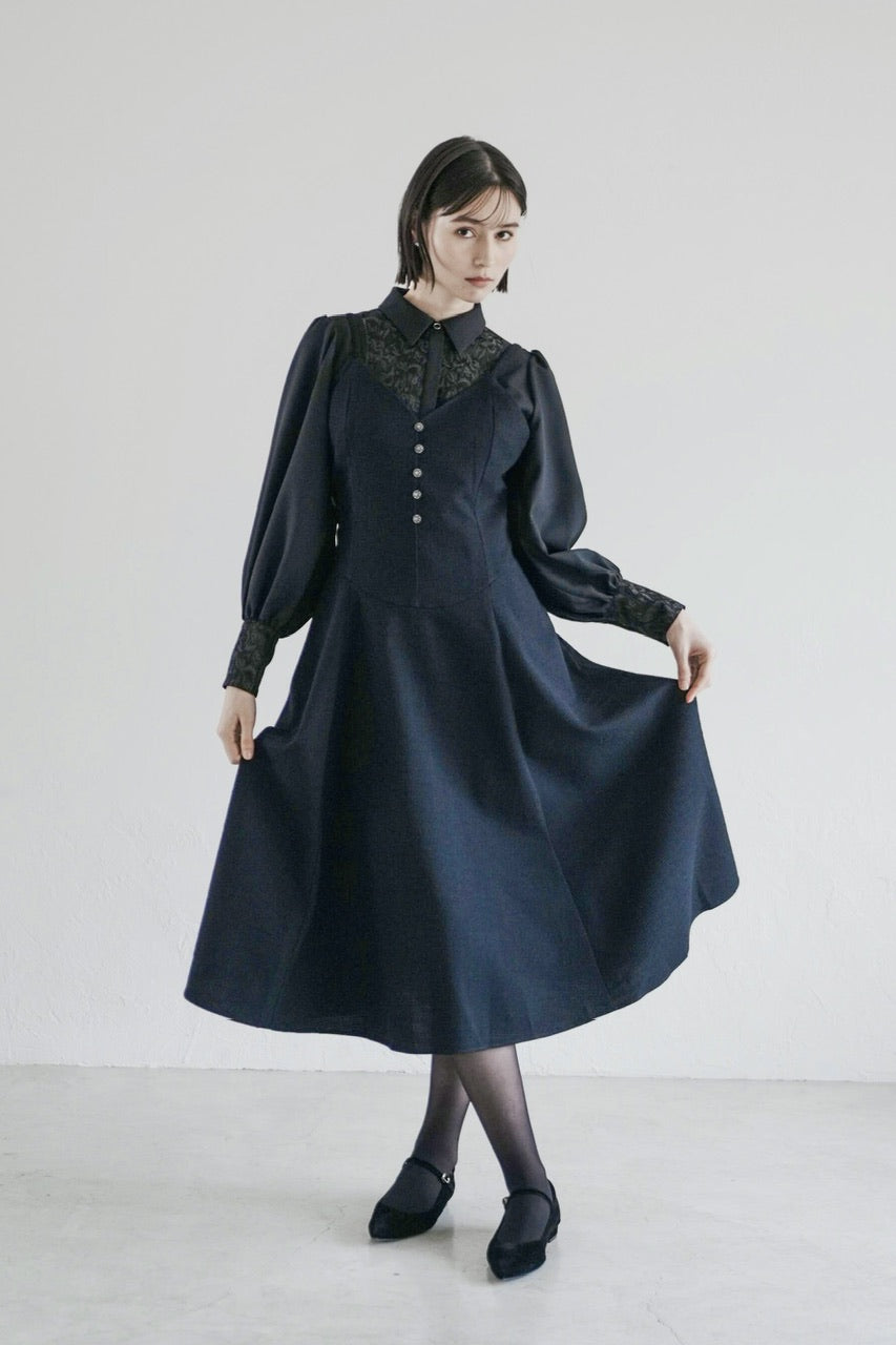 【予約商品】basque waist tweed camisole dress / navy
