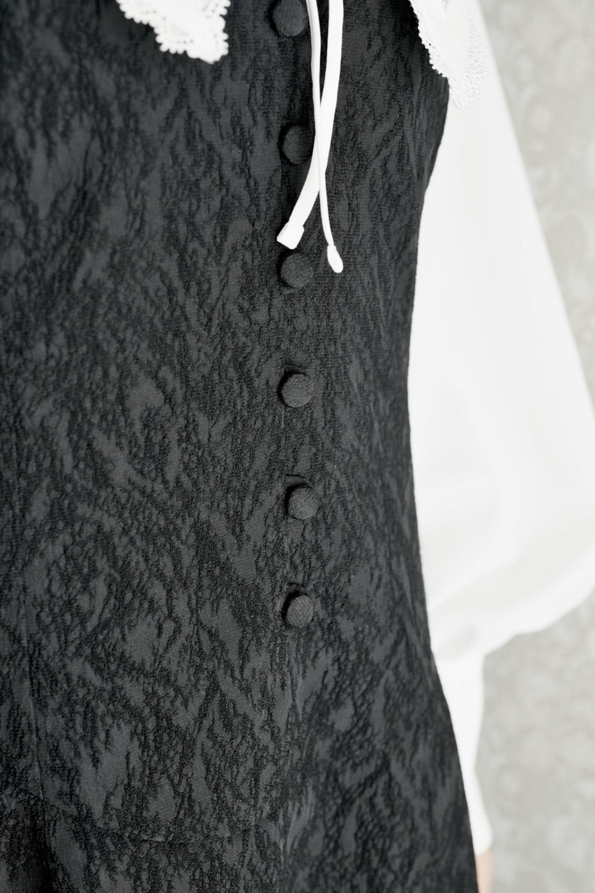 basque waist jacquard camisole dress / black