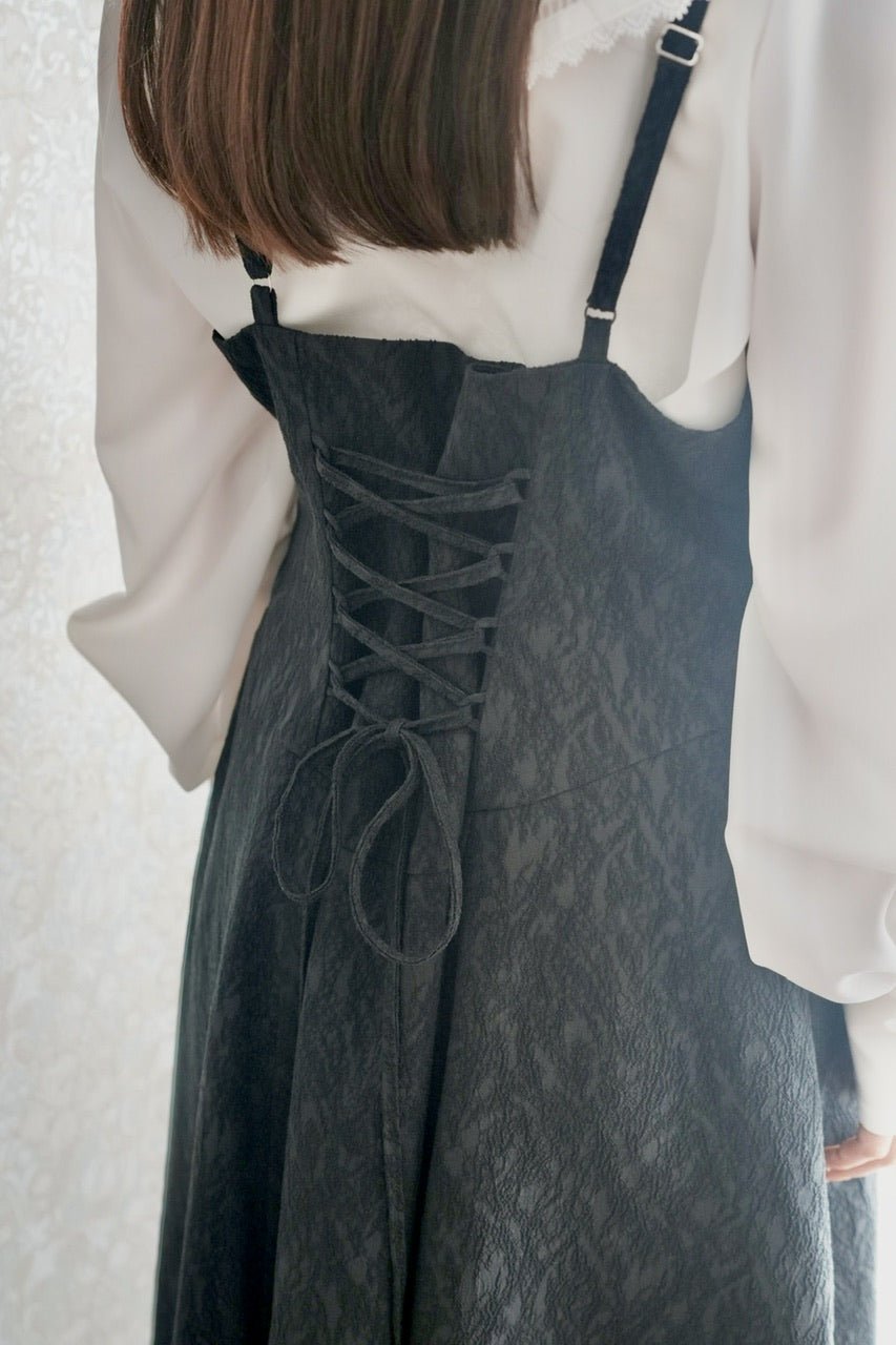 basque waist jacquard camisole dress / black