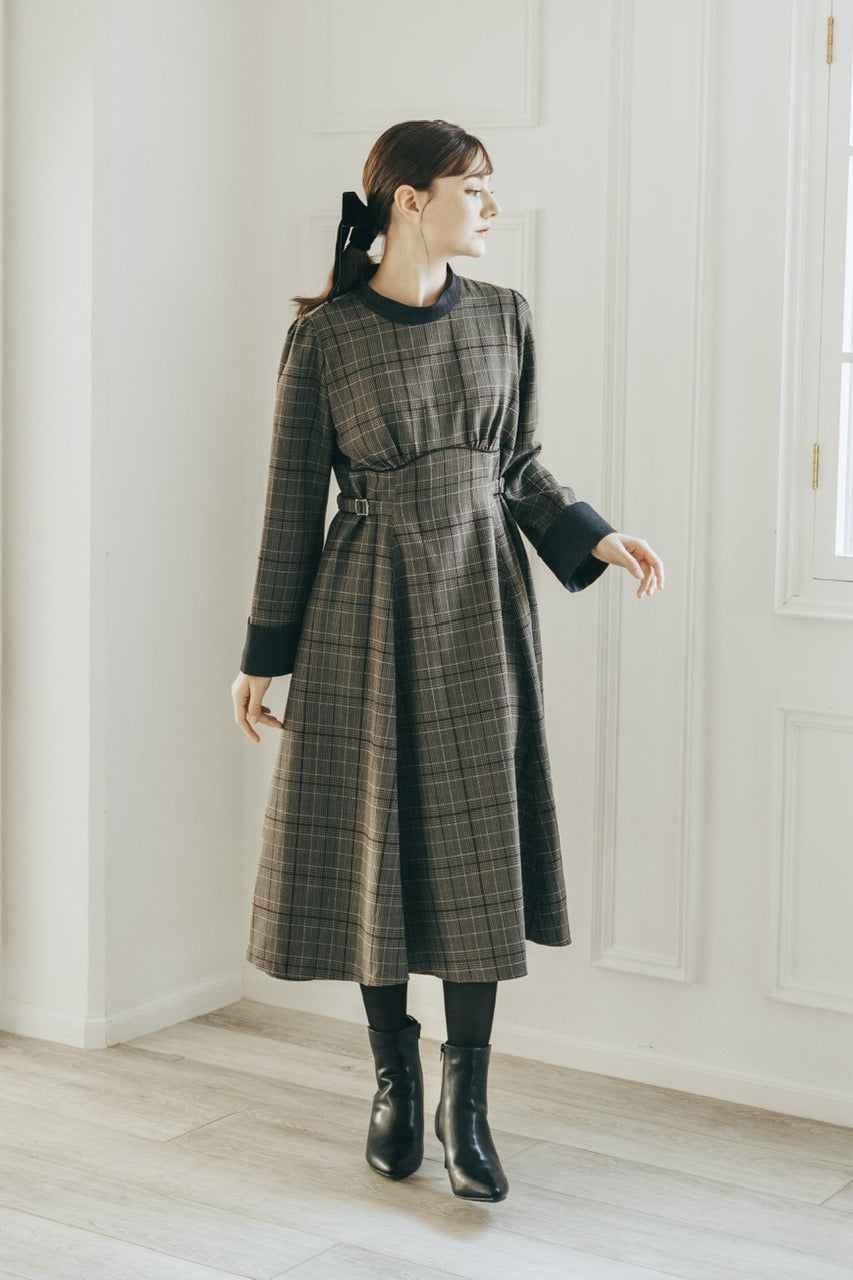 waist belt check dress / gray – Ruimeme